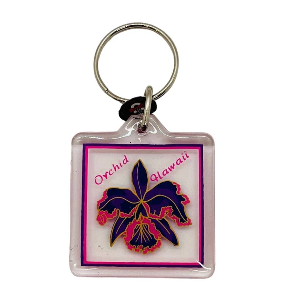 VTG Hawaii Pink Orchid Souvenir Keychain Acrylic Floral Island Travel Key Ring